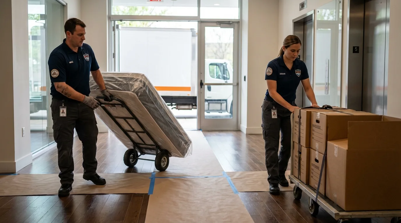 Professional apartment movers loading elevator in Gaylord, MI