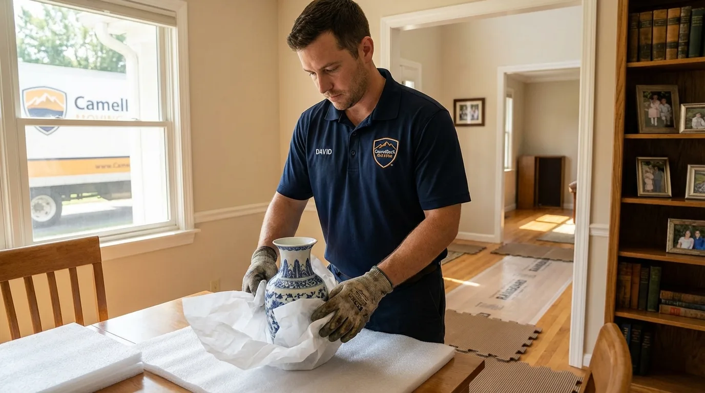 Professional crew carefully wrapping antique vase for senior downsizing move in Gaylord, MI